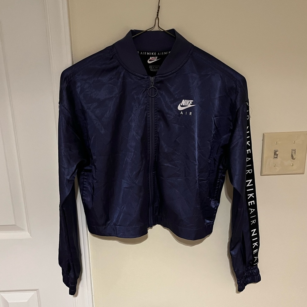 Nike Women's Navy Blue Windbreaker Satin Bomber Jacket